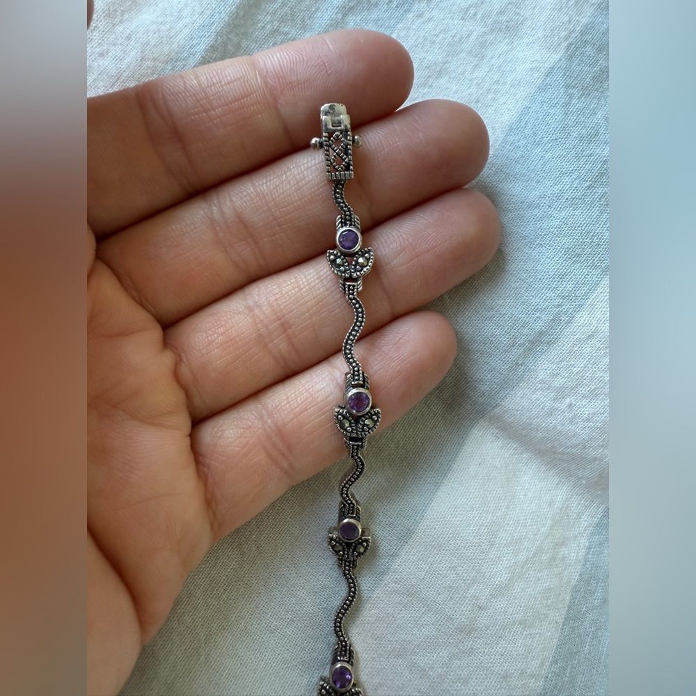 Vintage Sterling Silver, Marcasite and Amethyst Signed Bridgerton Bracelet